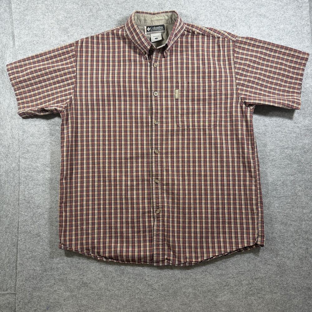 VTG Columbia XCO Shirt Mens L Orange Plaid Button Up Outdoor Hiking Short Sleeve